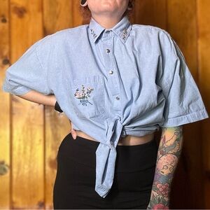 Vintage Floral Embroidered Boxy Button Down Blouse